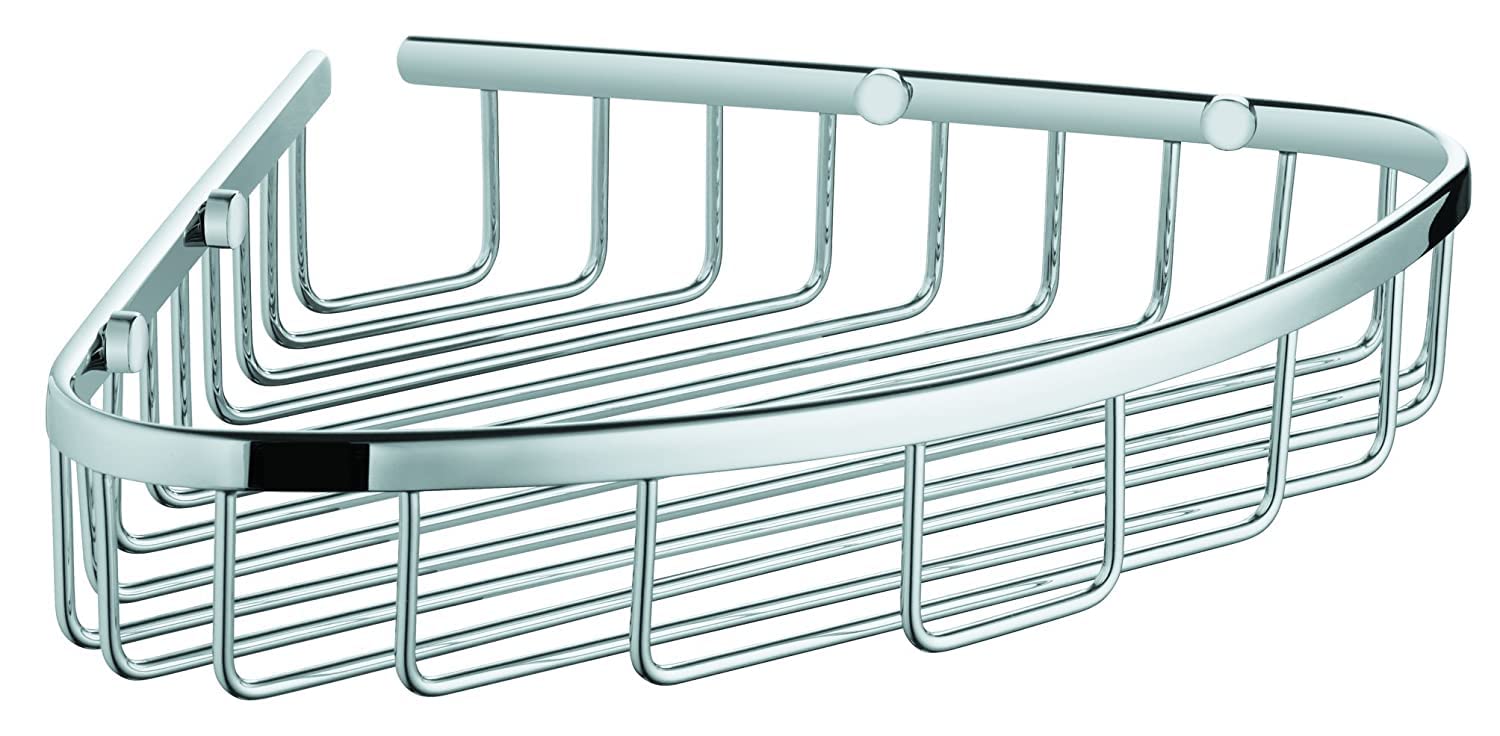 Chrome corner wire basket with horizontal grid design and mounted brackets.