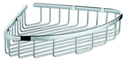 Chrome corner wire basket with horizontal grid design and mounted brackets.
