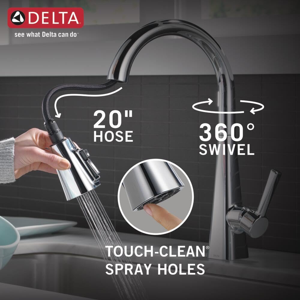 Chrome single-handle pull-down kitchen faucet with 20-inch hose, 360-degree swivel spout, and spray head.