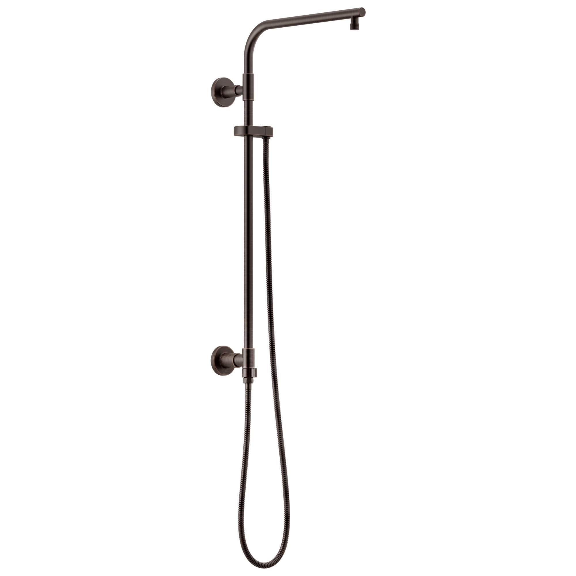 Oil-rubbed bronze shower column with wall-mounted head and handheld wand on hose.