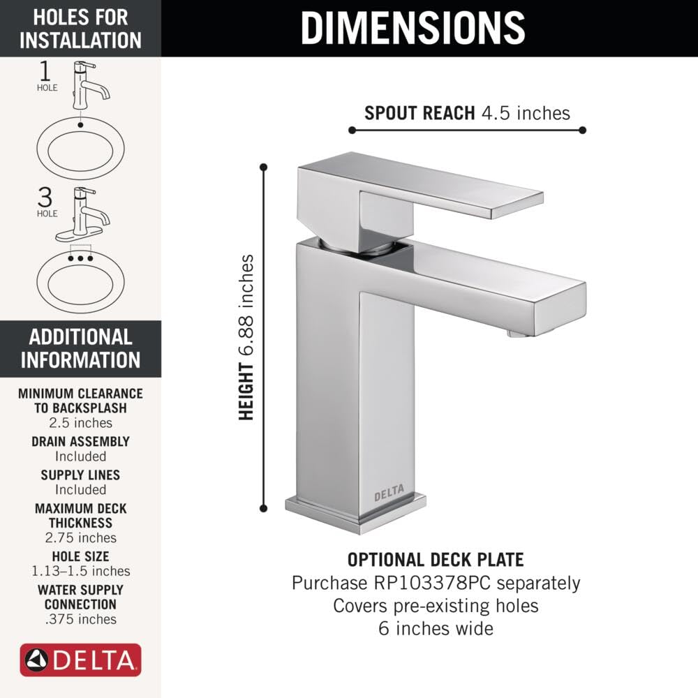 Chrome single-handle bathroom faucet with rectangular spout, 6.88 inches tall, 4.5 inch reach.