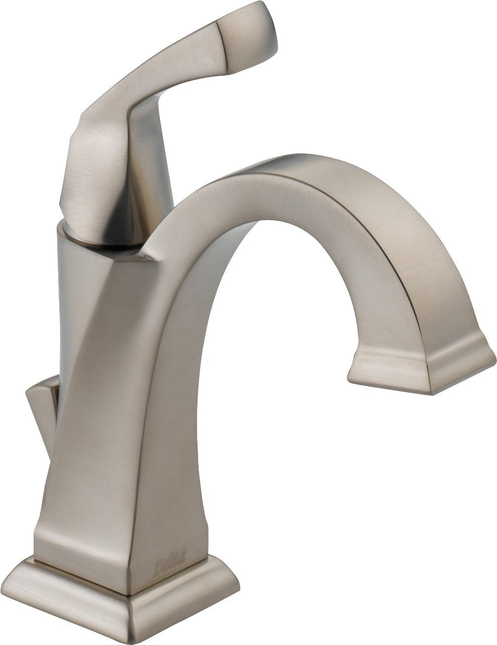 Brushed nickel single-handle bathroom faucet with curved spout and rectangular base.