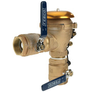 Bronze pressure vacuum breaker with two blue manual shut-off handles, gold cap, and freeze sensor probe on side.
