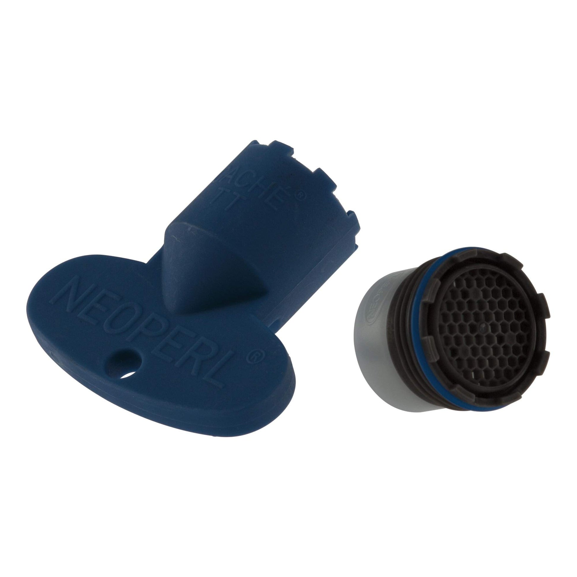 Delta Lahara aerator with blue wrench tool and black perforated screen insert.
