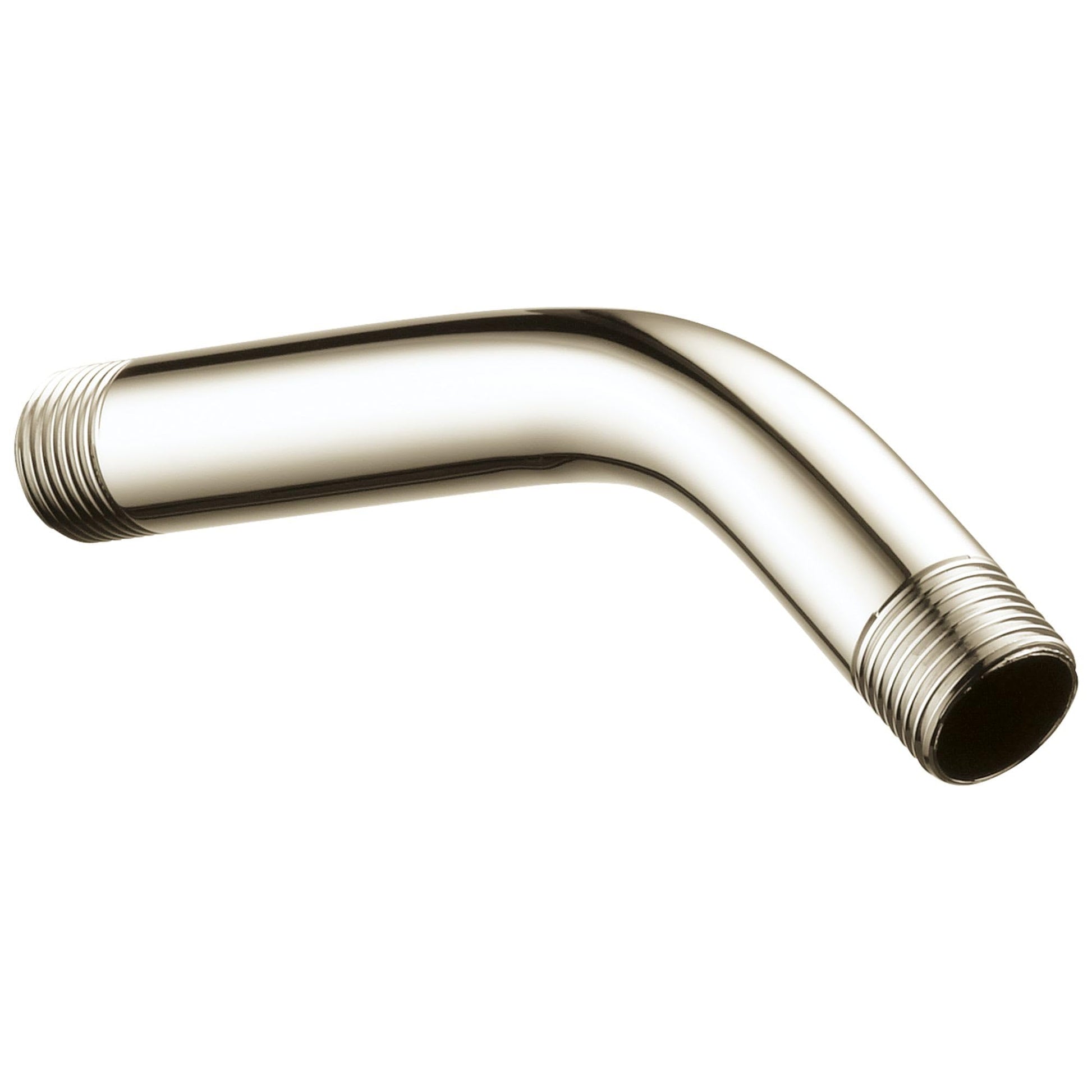 Polished nickel shower arm with threaded connections at both ends, curved downward design.