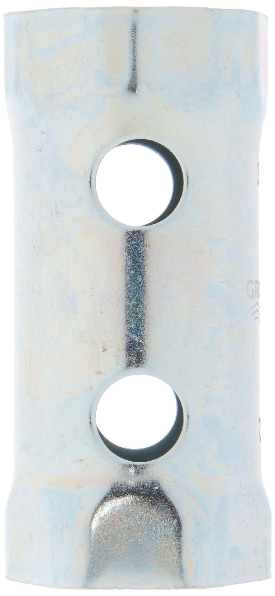 Chrome socket spanner with two circular openings and metal shaft for plumbing repair use.