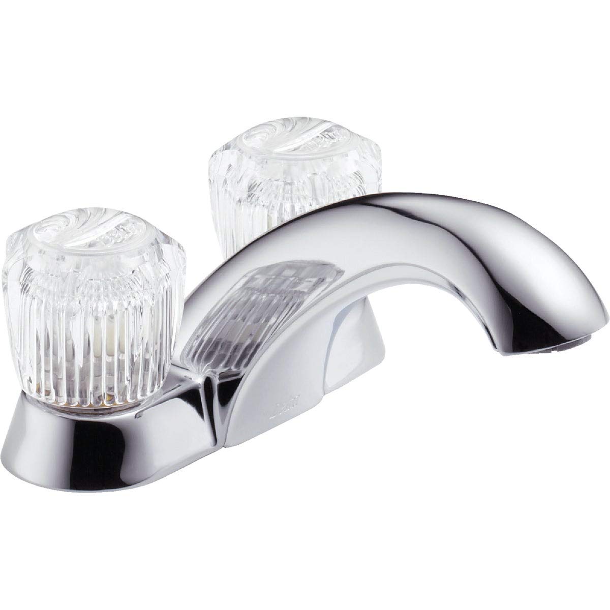 Chrome centerset bathroom faucet with two clear knob handles and curved spout.