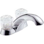 Chrome centerset bathroom faucet with two clear knob handles and curved spout.