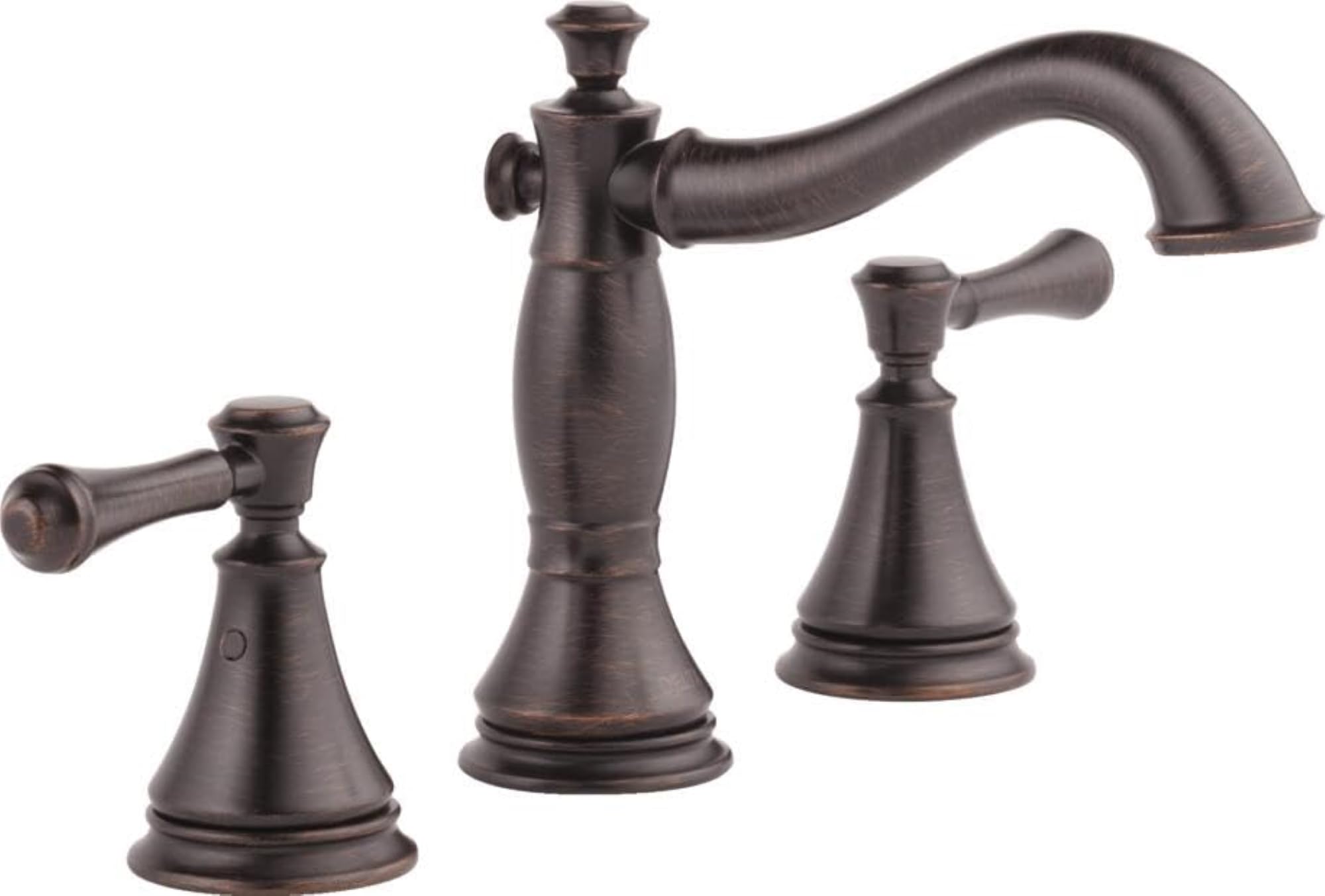 Bronze two-handle widespread bathroom faucet with curved spout and lever handles.