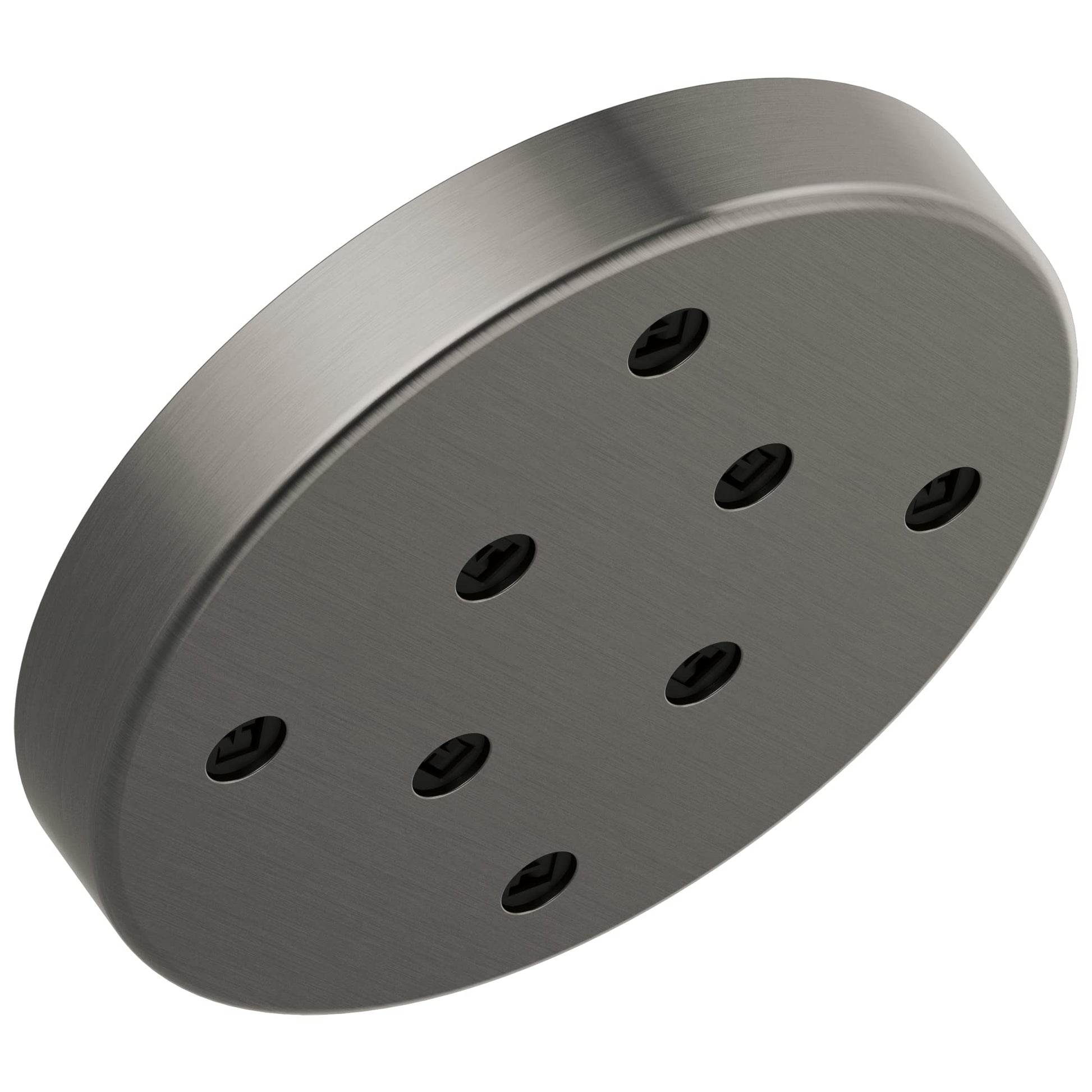 Brushed metal raincan shower head with nine evenly spaced black outlet holes across flat circular face.
