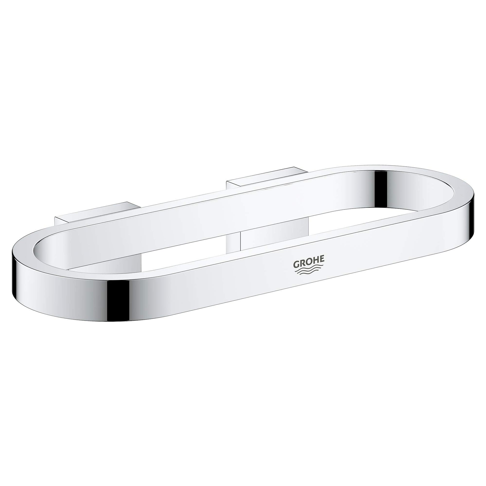 Chrome towel ring with polished finish, elongated oval design, wall-mounted with bracket hardware.