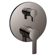 Grohe Lineare pressure balance valve trim in hard graphite with dual cylindrical handles and circular escutcheon plate.