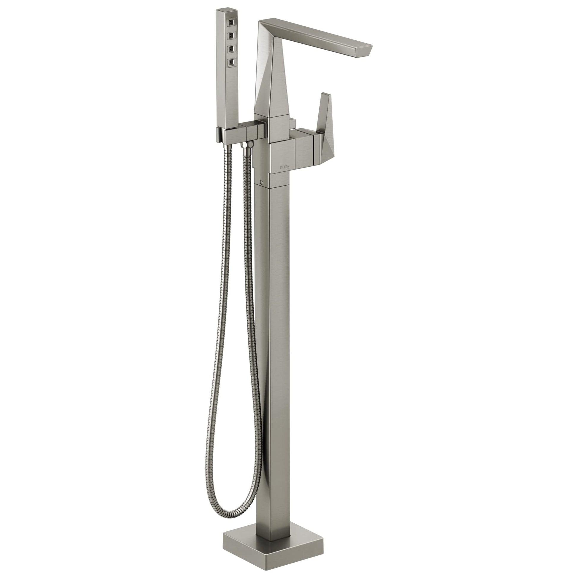 Brushed nickel floor-mounted tub filler with single handle, spout, and hand-held shower head with hose.