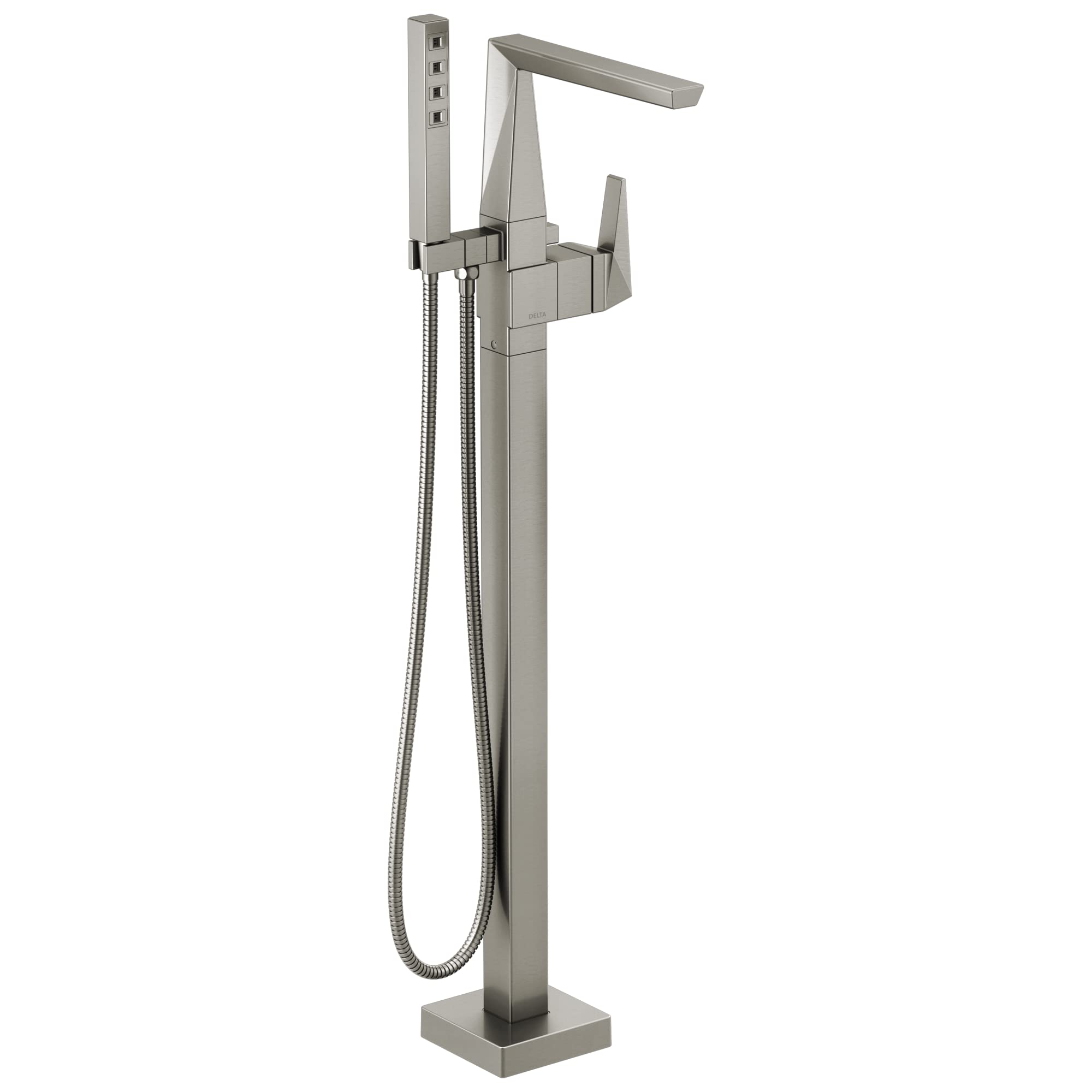 Brushed nickel floor-mounted tub filler with single handle, spout, and hand-held shower head with hose.