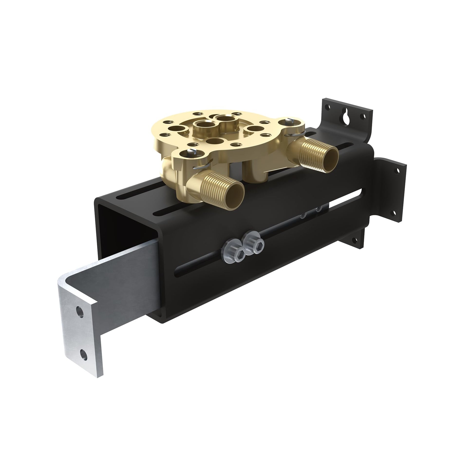 Brass valve body with two threaded ports mounted on black metal bracket with mounting flanges.