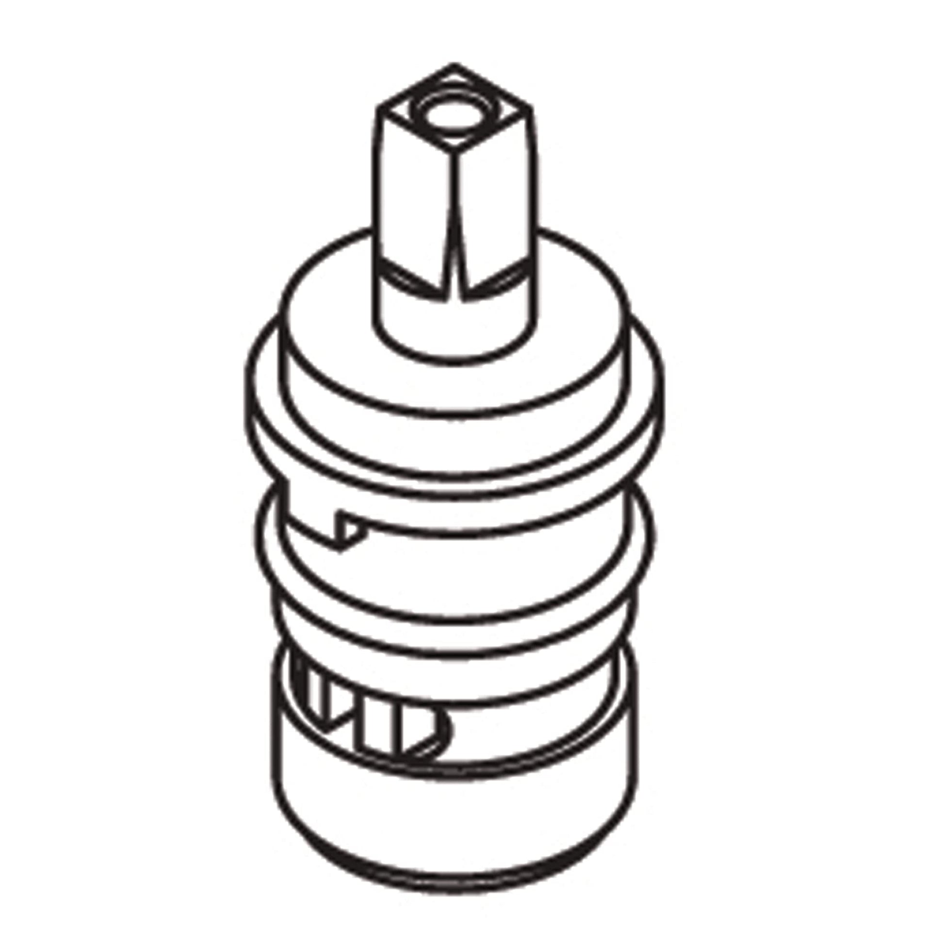 Moen ceramic disc cartridge with cylindrical body, stacked disc components, and square mounting head.
