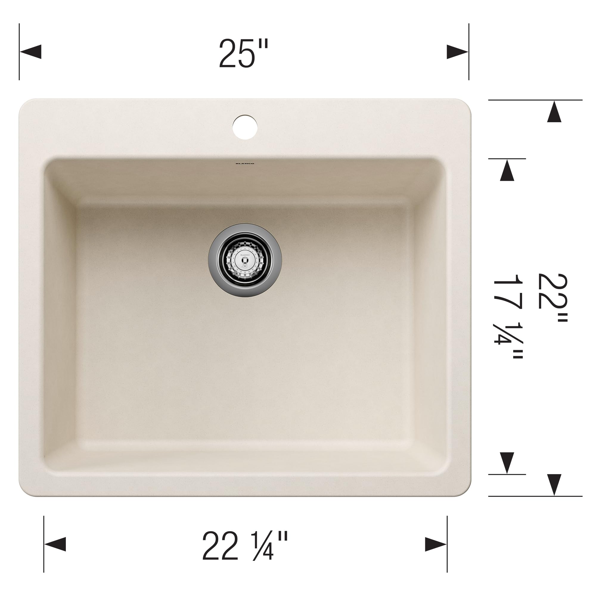 Soft white single bowl kitchen sink with rounded corners, 25" wide, featuring chrome drain assembly and faucet hole.