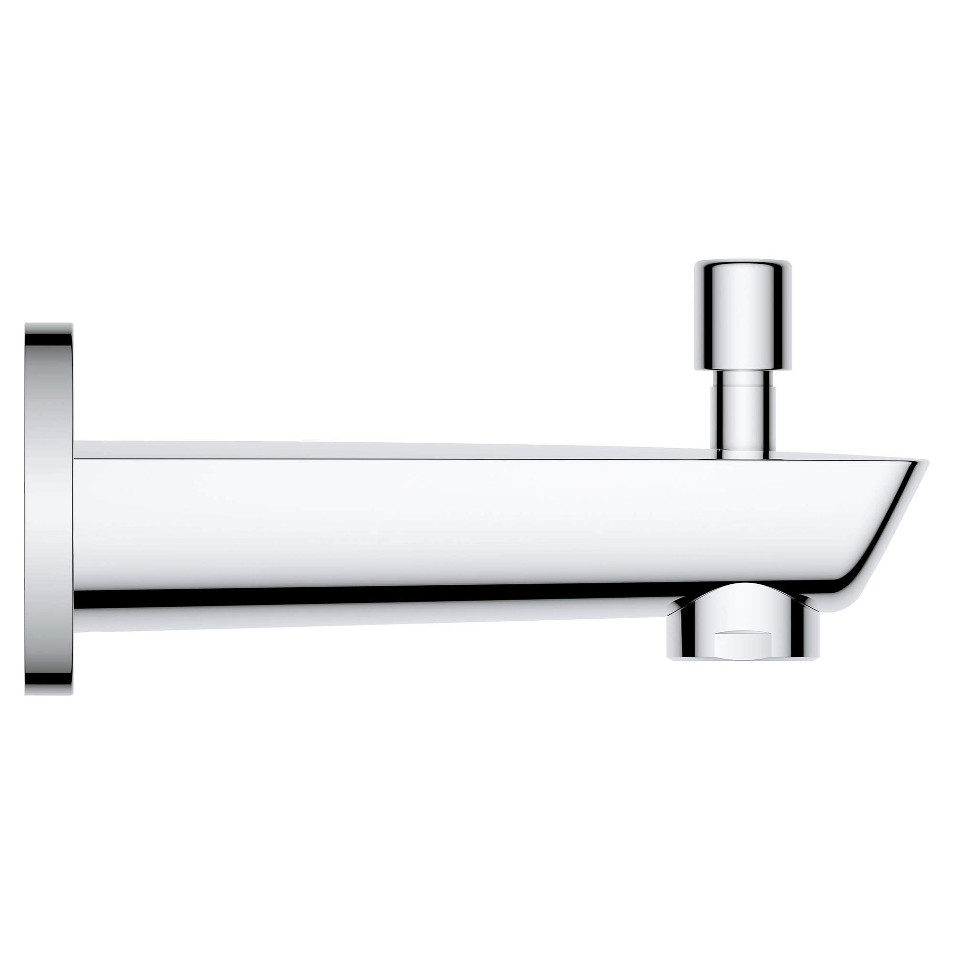 Chrome diverter tub spout with cylindrical outlet and wall-mounted flange on left side.