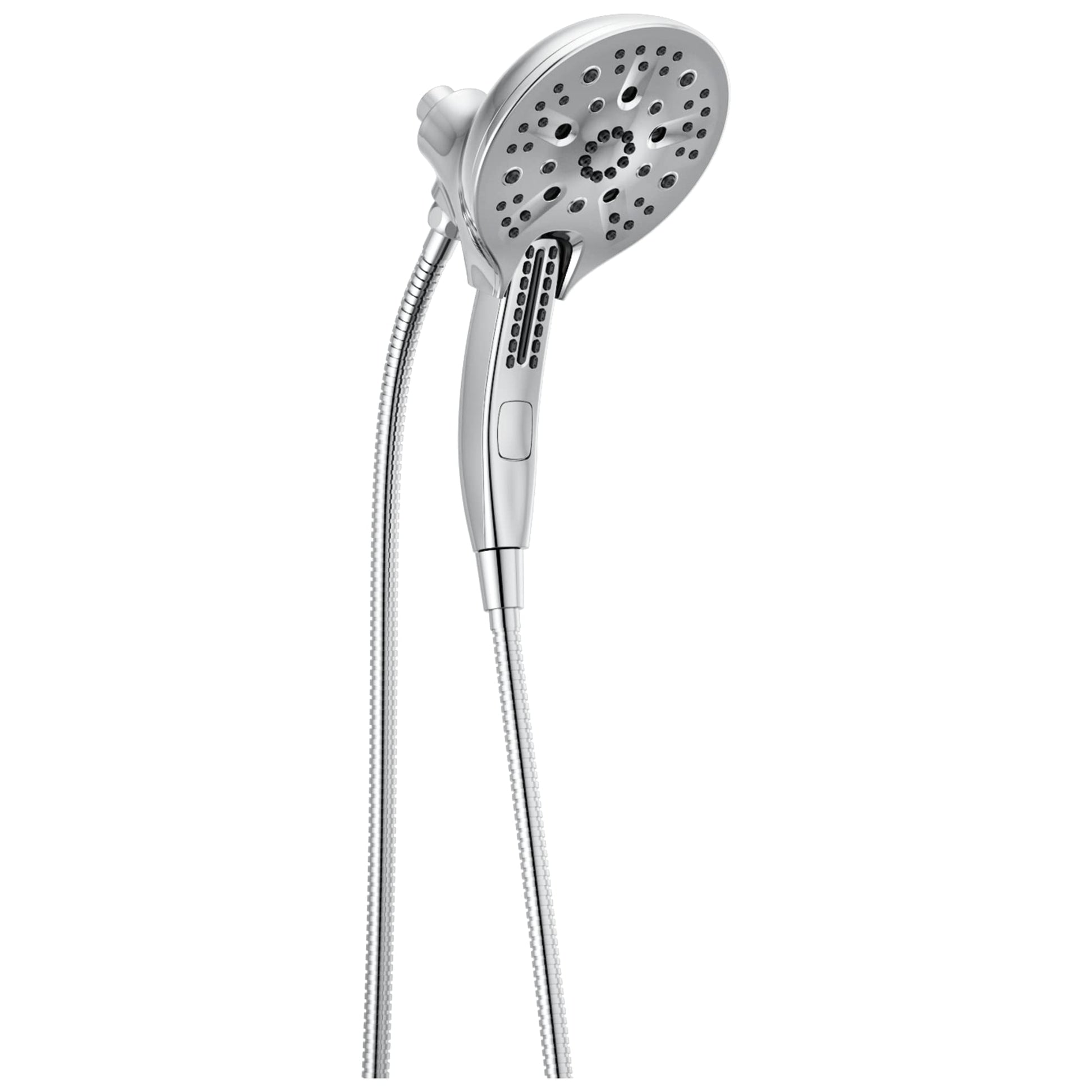 Chrome two-in-one showerhead with handheld and fixed spray head connected by hose, multiple spray holes visible.