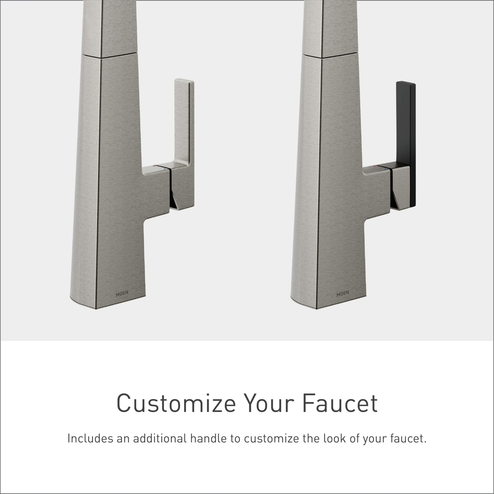 Moen Nio pull-down kitchen faucet shown in stainless steel with interchangeable stainless and black handles.