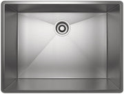 Brushed stainless steel single bowl kitchen sink with centered drain opening, viewed from above.