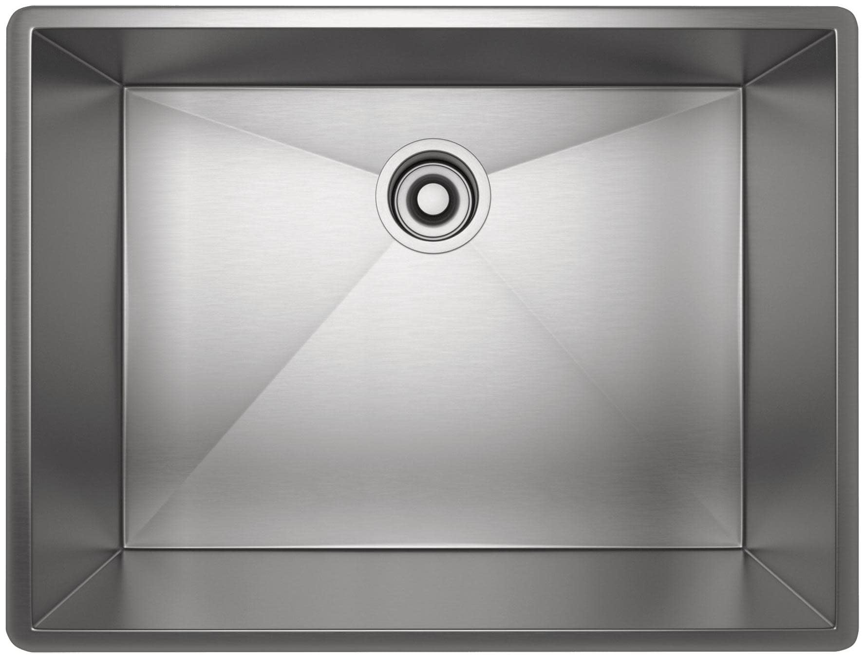 Brushed stainless steel single bowl kitchen sink with centered drain opening, viewed from above.