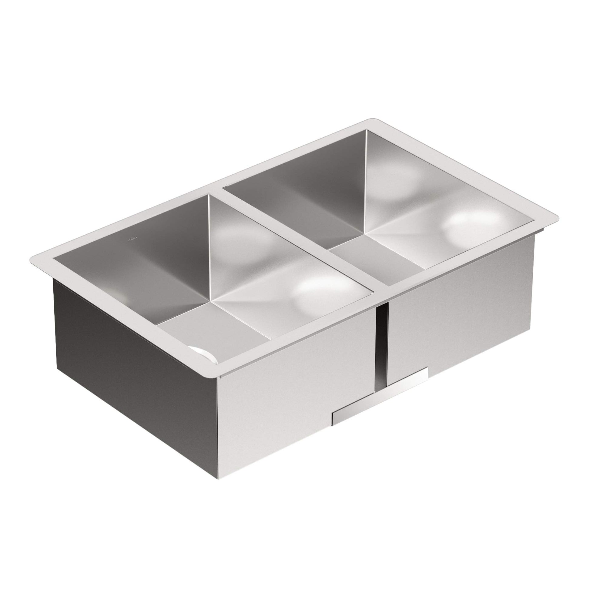 Stainless steel double bowl undermount kitchen sink with two equal-sized compartments and polished finish.
