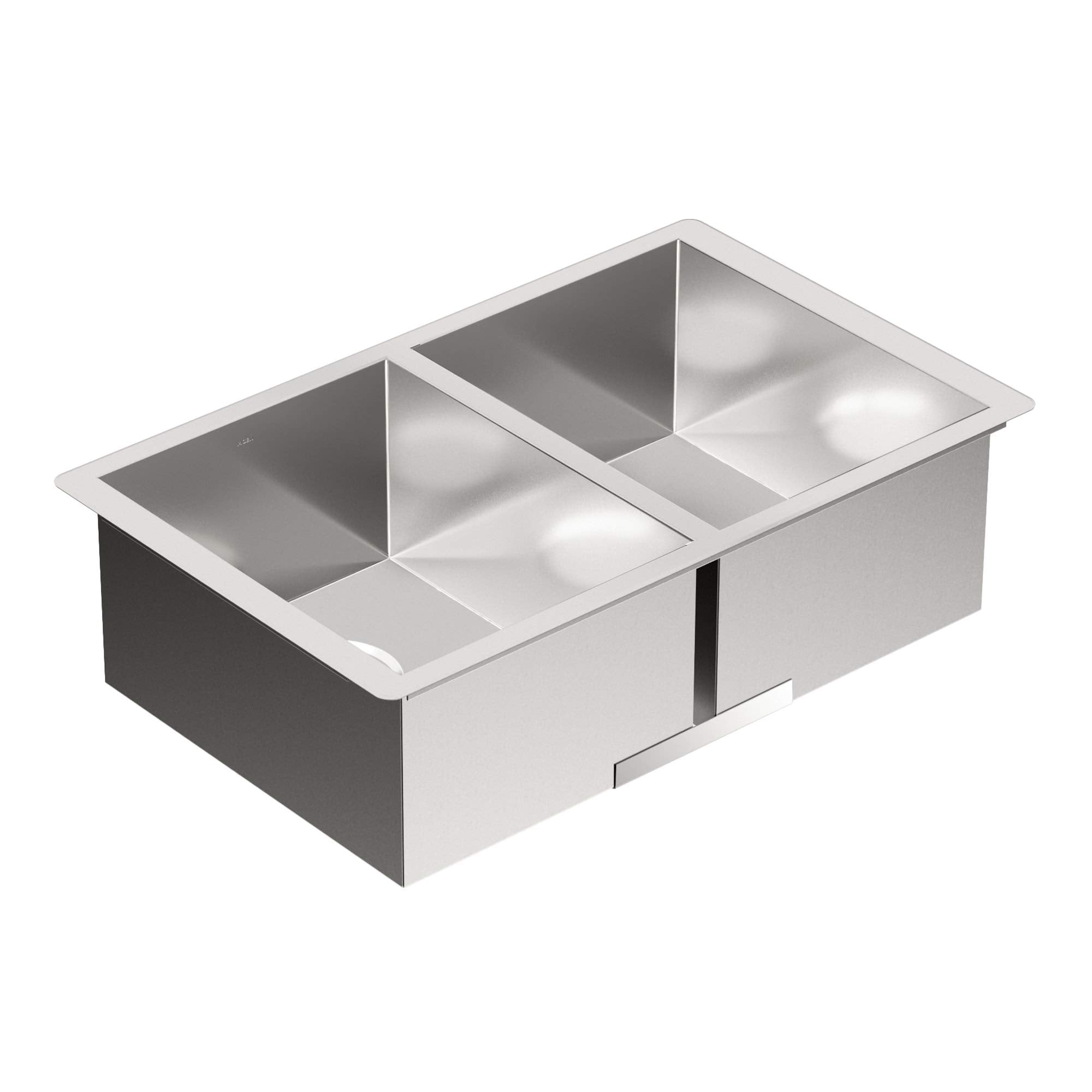 Stainless steel double bowl undermount kitchen sink with two equal-sized compartments and polished finish.