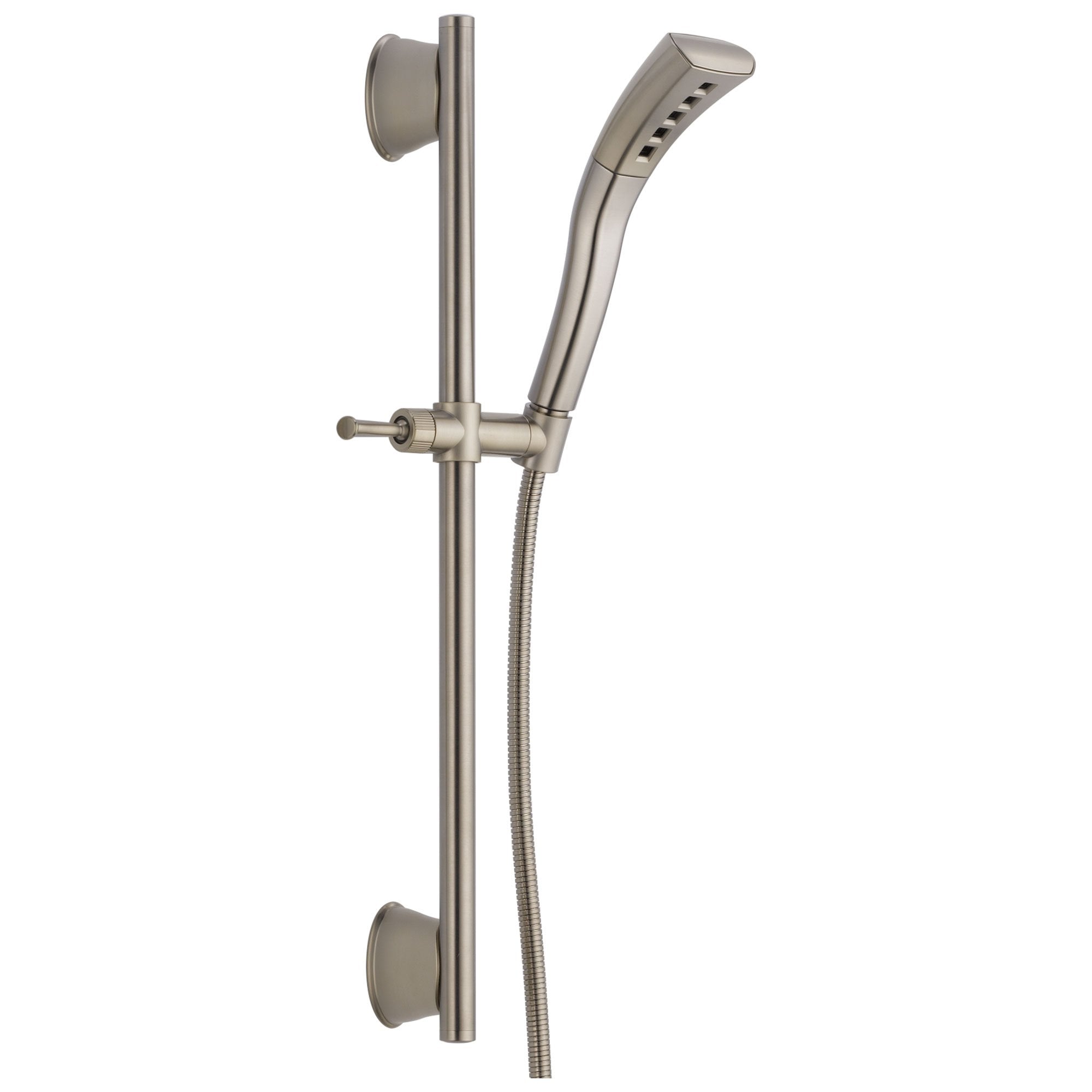 Brushed nickel slide bar hand shower with vertical rail, control handle, and curved hand shower head with hose.