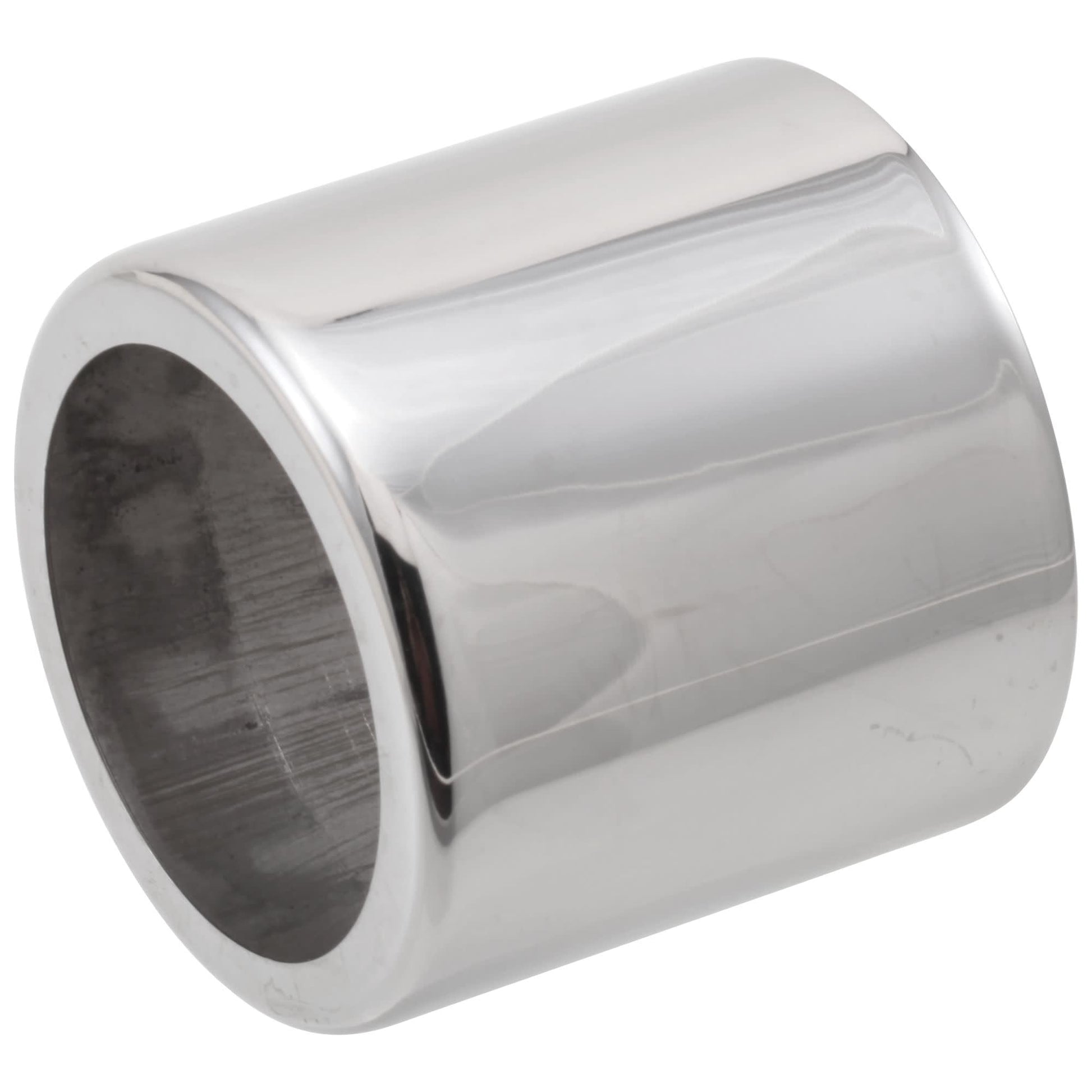 Polished stainless steel cylindrical trim sleeve with hollow interior and reflective surface finish.
