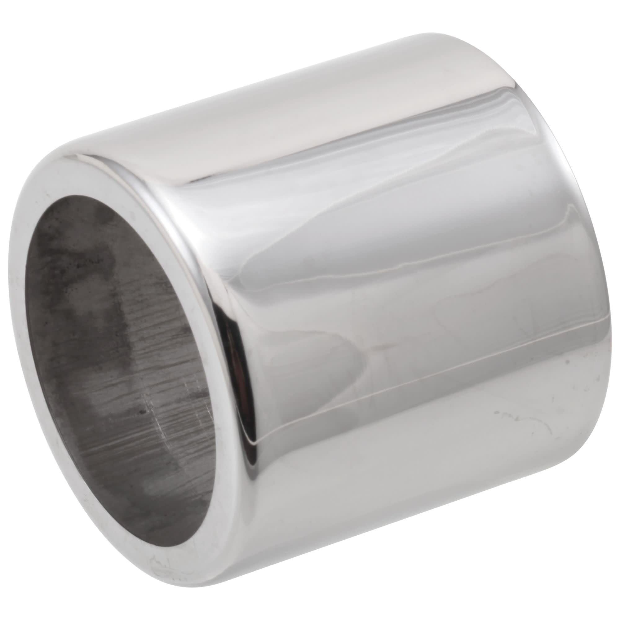 Polished stainless steel cylindrical trim sleeve with hollow interior and reflective surface finish.