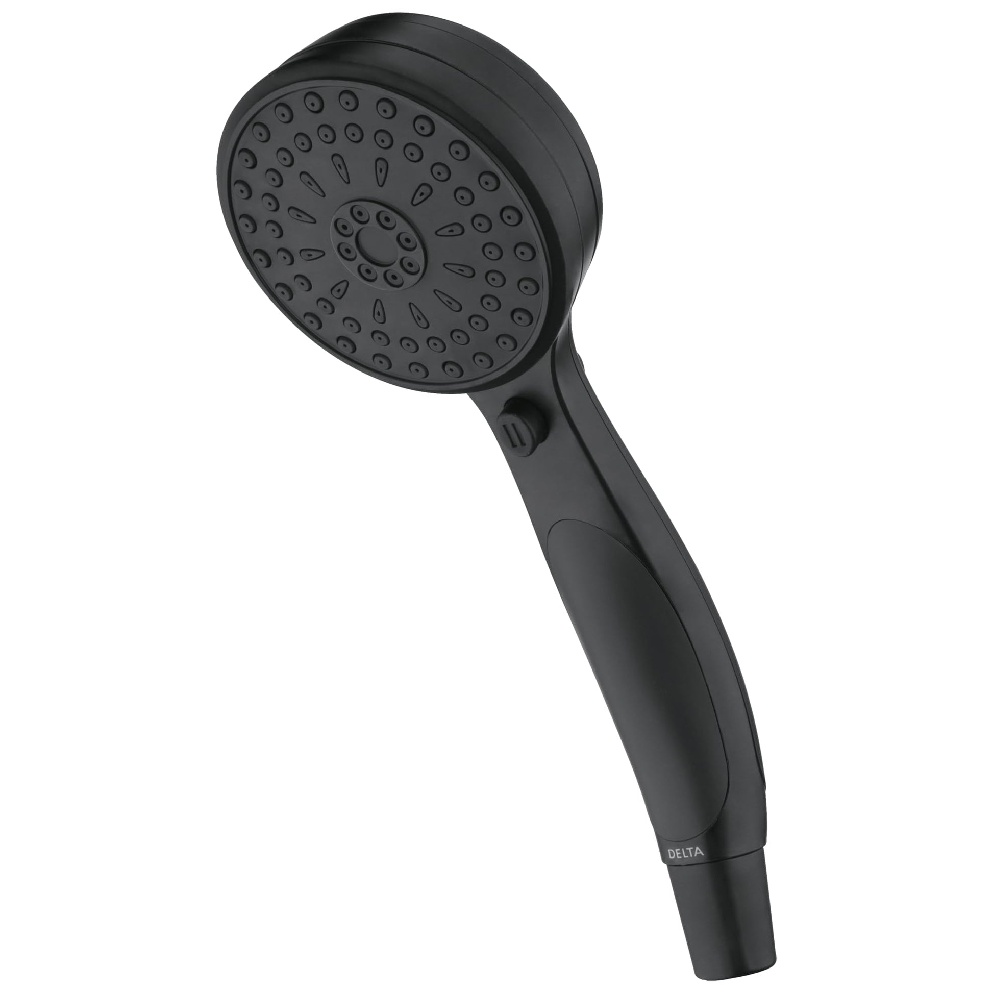Black hand shower with round perforated head and grip handle, featuring multiple spray settings.