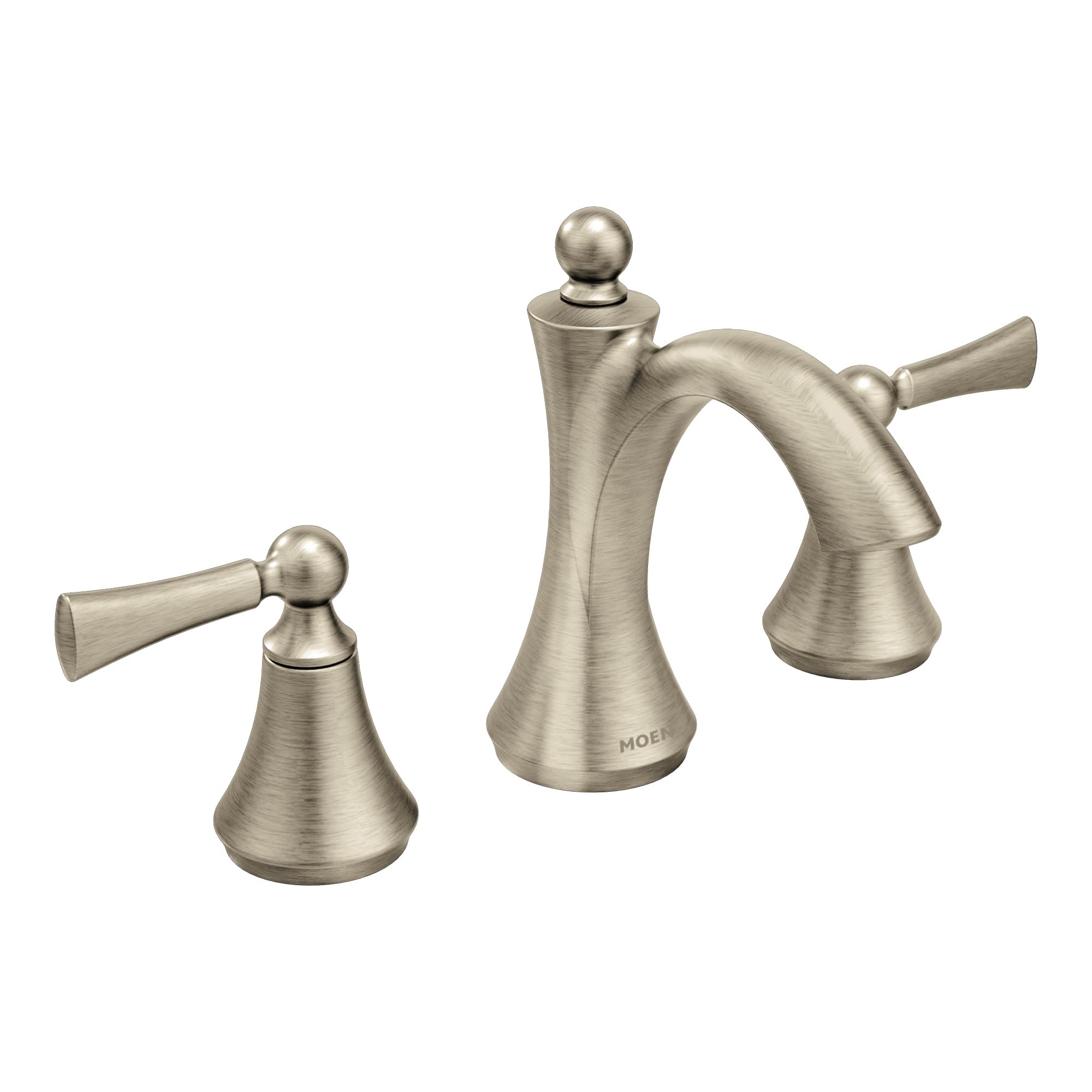 Brushed nickel two-handle widespread bathroom faucet with high arc spout and lever handles.