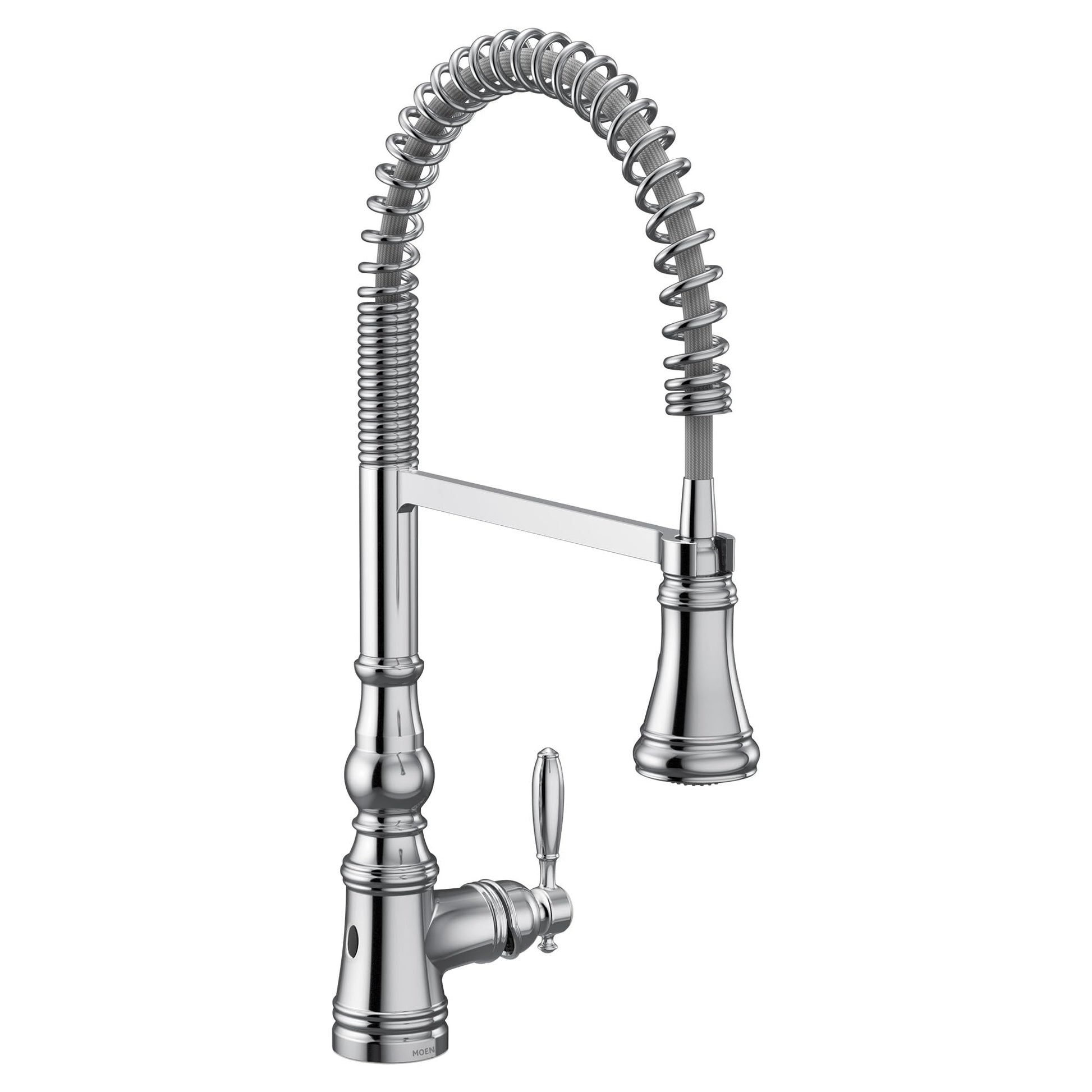 Chrome kitchen faucet with coiled pulldown sprayer hose and single lever handle.