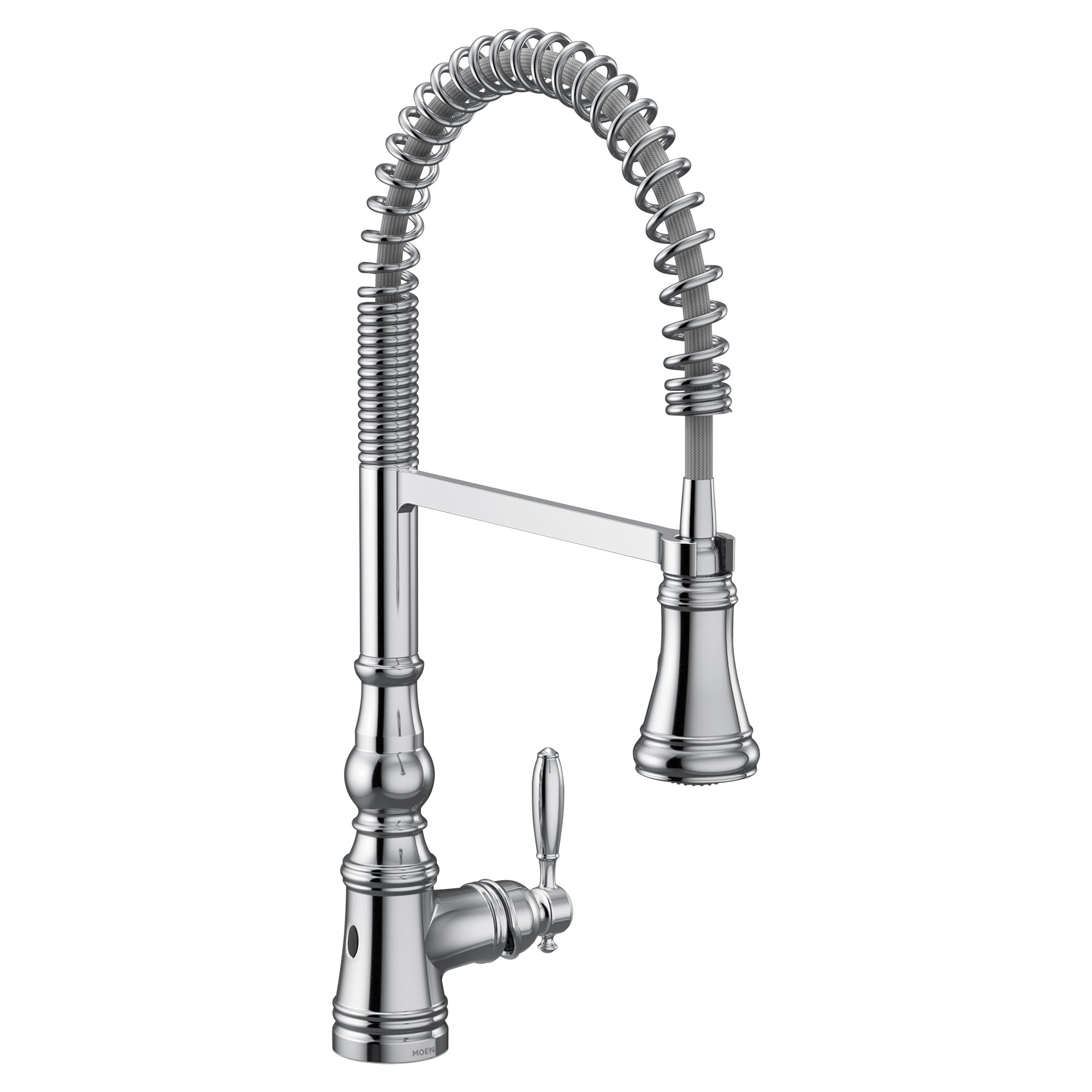 Chrome kitchen faucet with coiled pulldown sprayer hose and single lever handle.