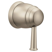 Brushed nickel volume control valve trim with rounded handle and cylindrical body.