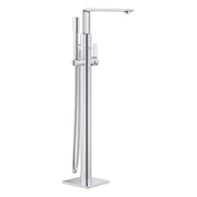 Chrome freestanding tub faucet with single handle, curved spout, and attached hand shower with hose.