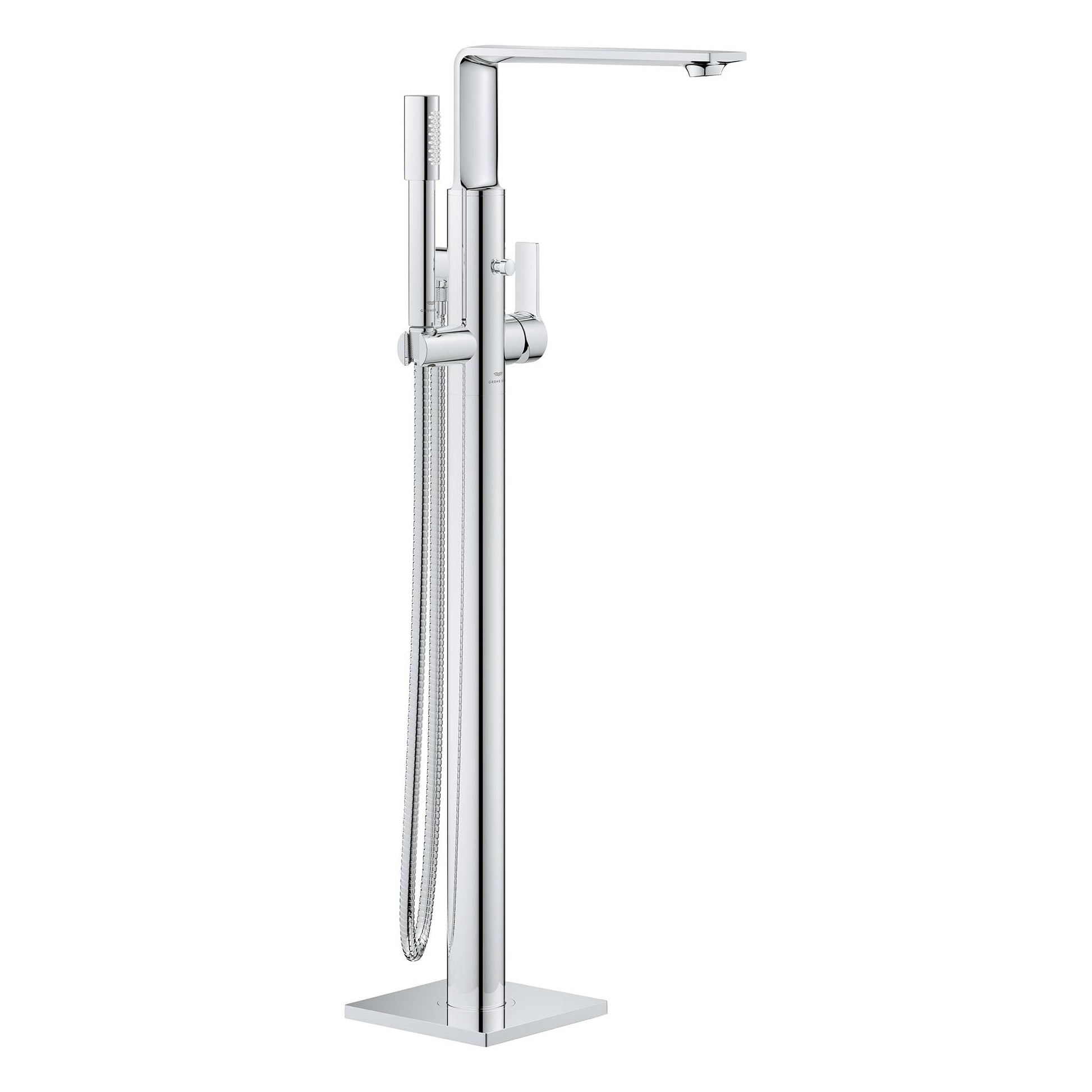 Chrome freestanding tub faucet with single handle, curved spout, and attached hand shower with hose.