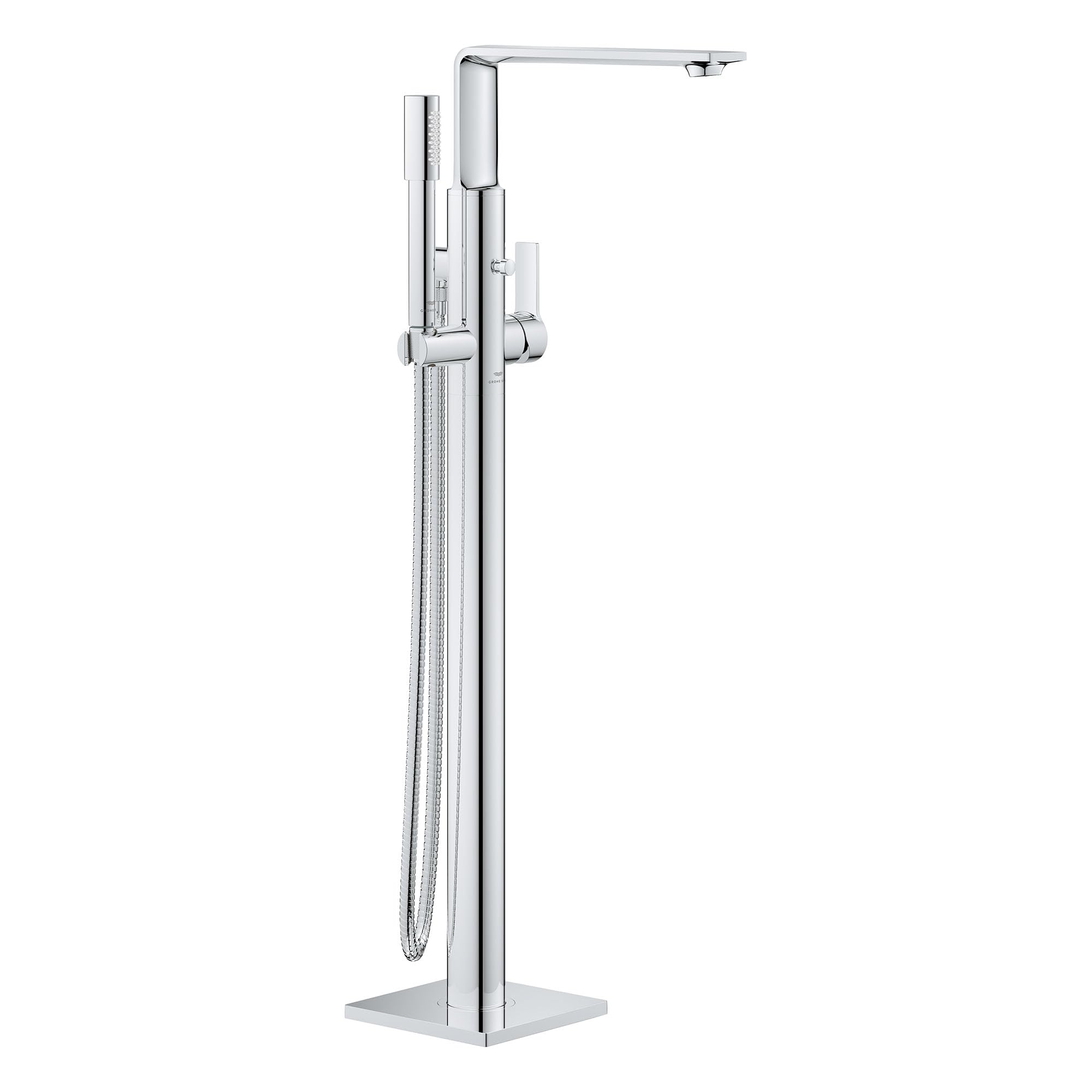 Chrome freestanding tub faucet with single handle, curved spout, and attached hand shower with hose.