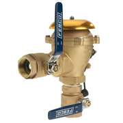 Bronze pressure vacuum breaker with 1-1/2 inch threaded connections, blue lever handles, and freeze sensor probe on side.