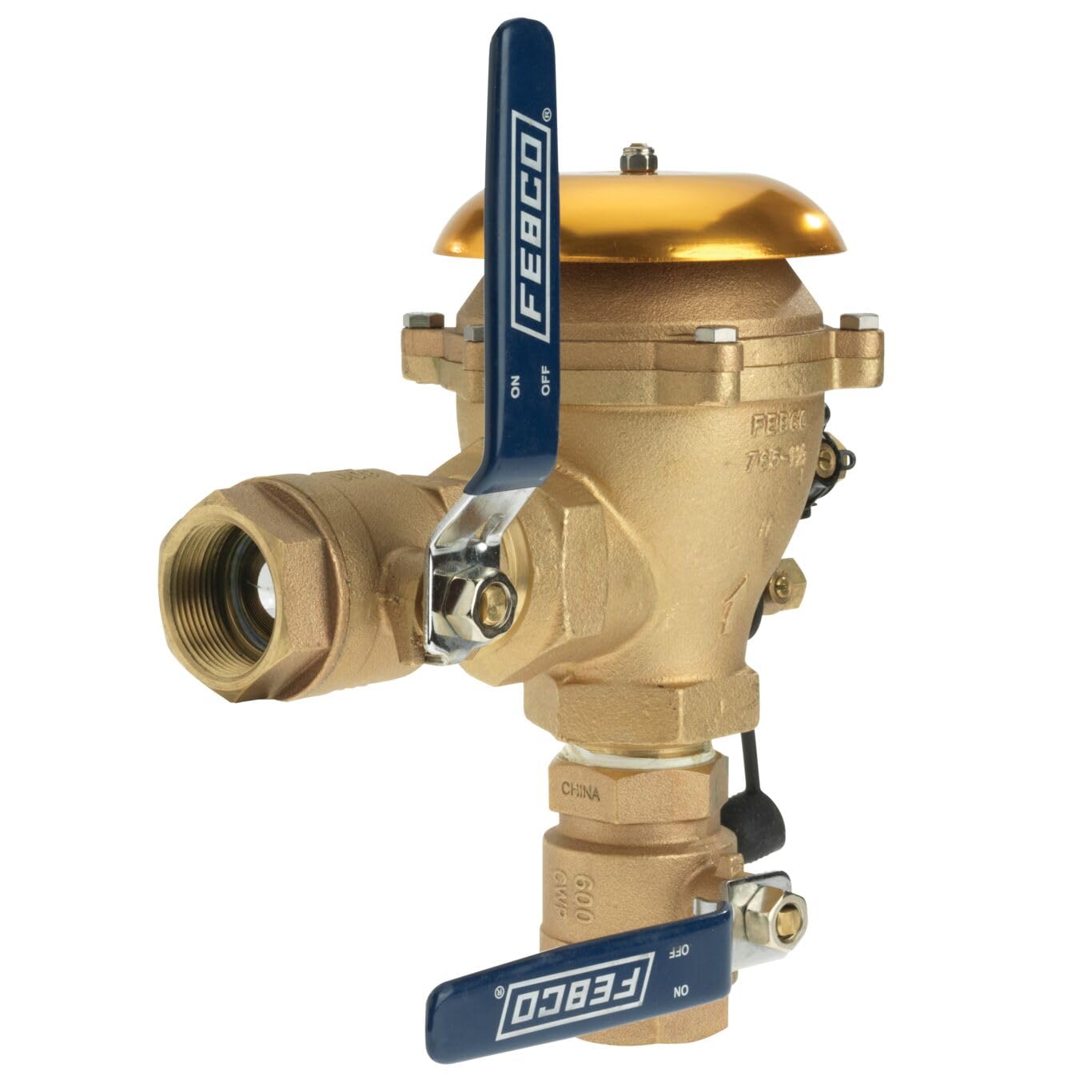 Bronze pressure vacuum breaker with 1-1/2 inch threaded connections, blue lever handles, and freeze sensor probe on side.