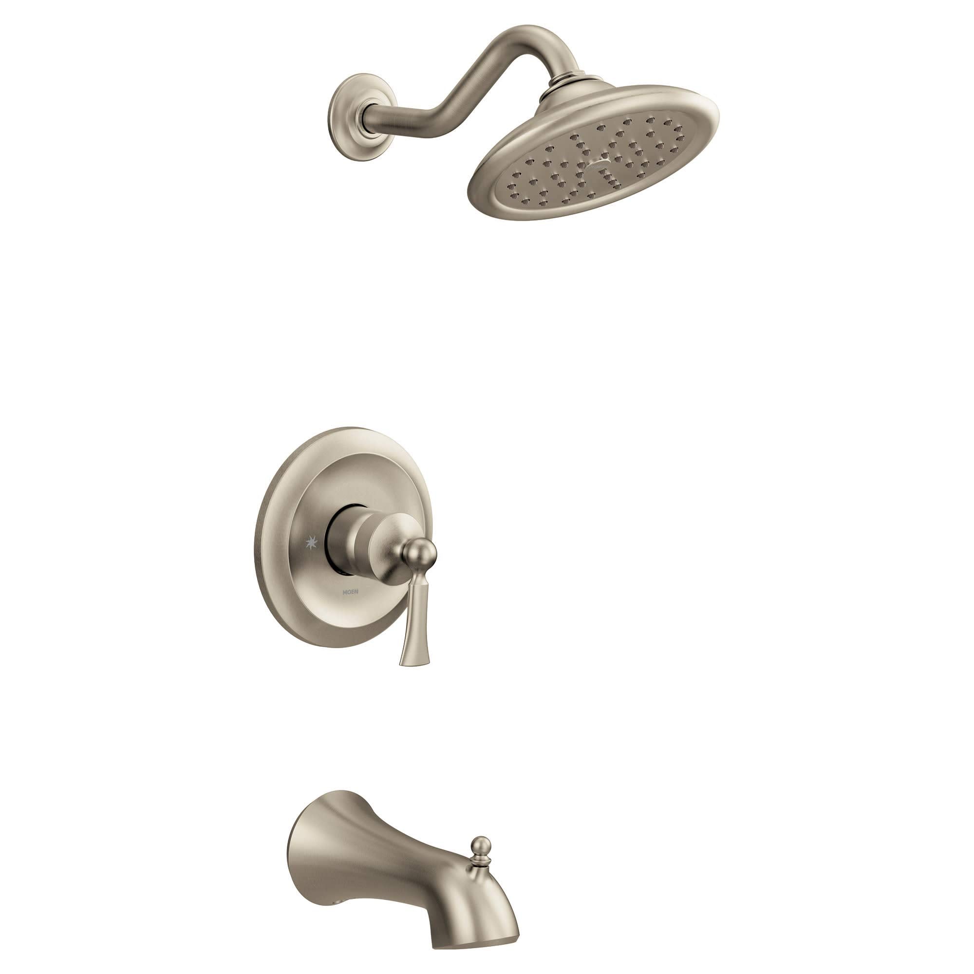Brushed nickel tub and shower trim with single lever handle, overhead showerhead, and tub spout.