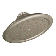 Brushed nickel round rainshower showerhead with multiple spray nozzles and connection arm.