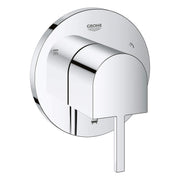 Polished chrome 3-way diverter trim with rounded lever handle and circular escutcheon plate.