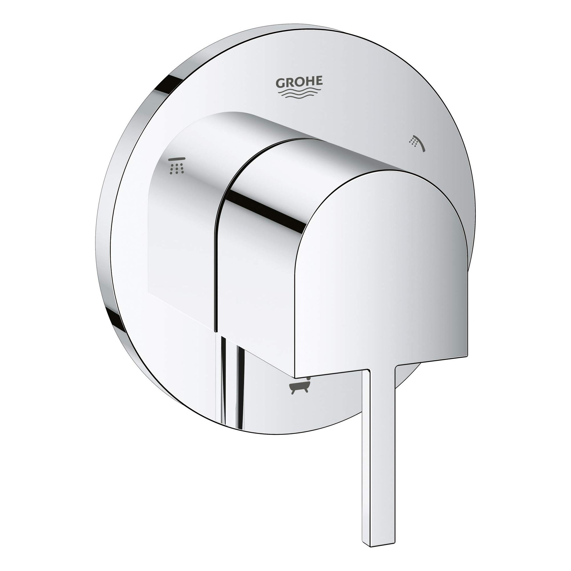 Polished chrome 3-way diverter trim with rounded lever handle and circular escutcheon plate.