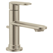 Brushed nickel single-handle bathroom sink faucet with cylindrical body and curved spout.