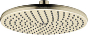 Brushed nickel round shower head with multiple small jets and Hansgrohe branding visible on rim.