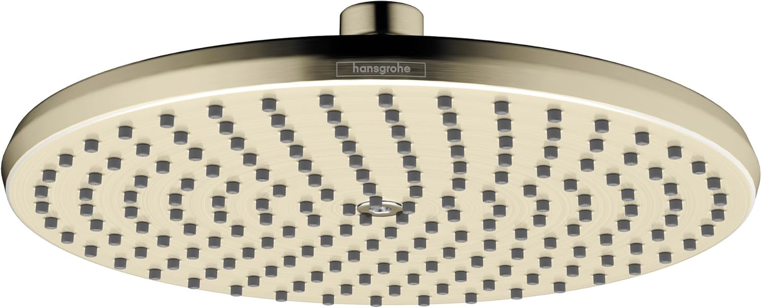 Brushed nickel round shower head with multiple small jets and Hansgrohe branding visible on rim.
