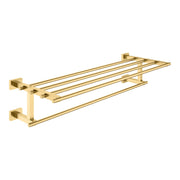 Brushed gold multi-towel rack with four horizontal bars and square wall-mounted brackets.