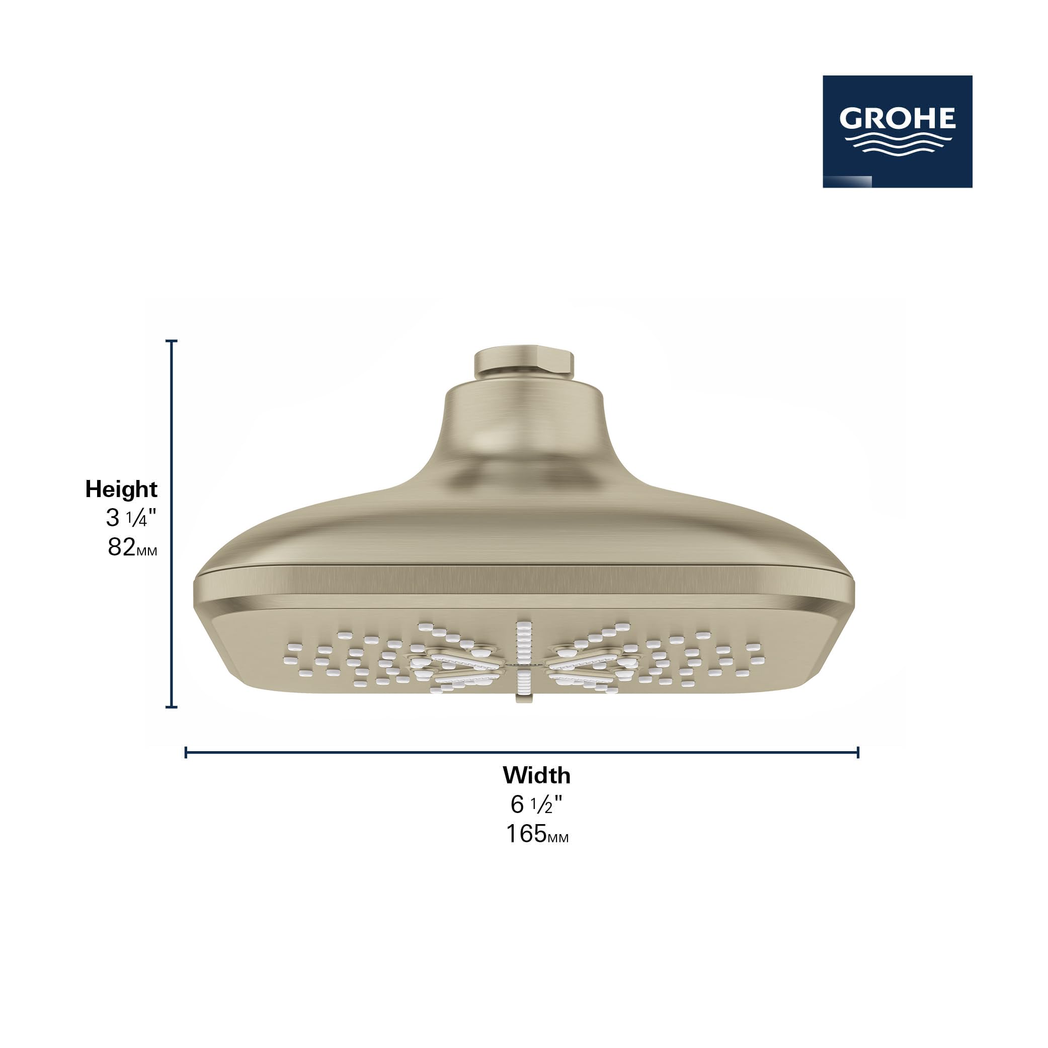 Brushed nickel shower head with wide oval face and perforated spray pattern, measuring 6.5 inches wide by 3.25 inches tall.